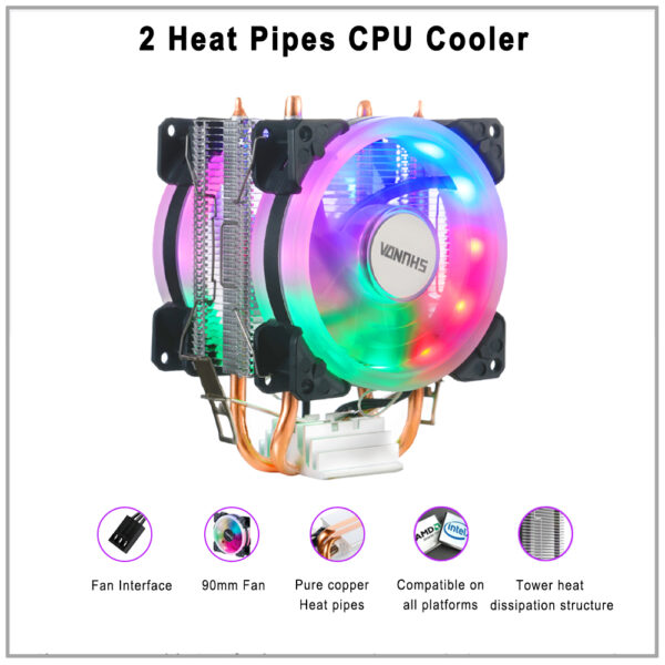 IWONGOU-X99 Processador Cooler, LGA2011, 2 Heatpipes, Radiador, 90mm, Ventilador RGB, 3Pin, CPU de refrigeração para Intel LGA 2011, 1366, 1700, AMD, 1156
